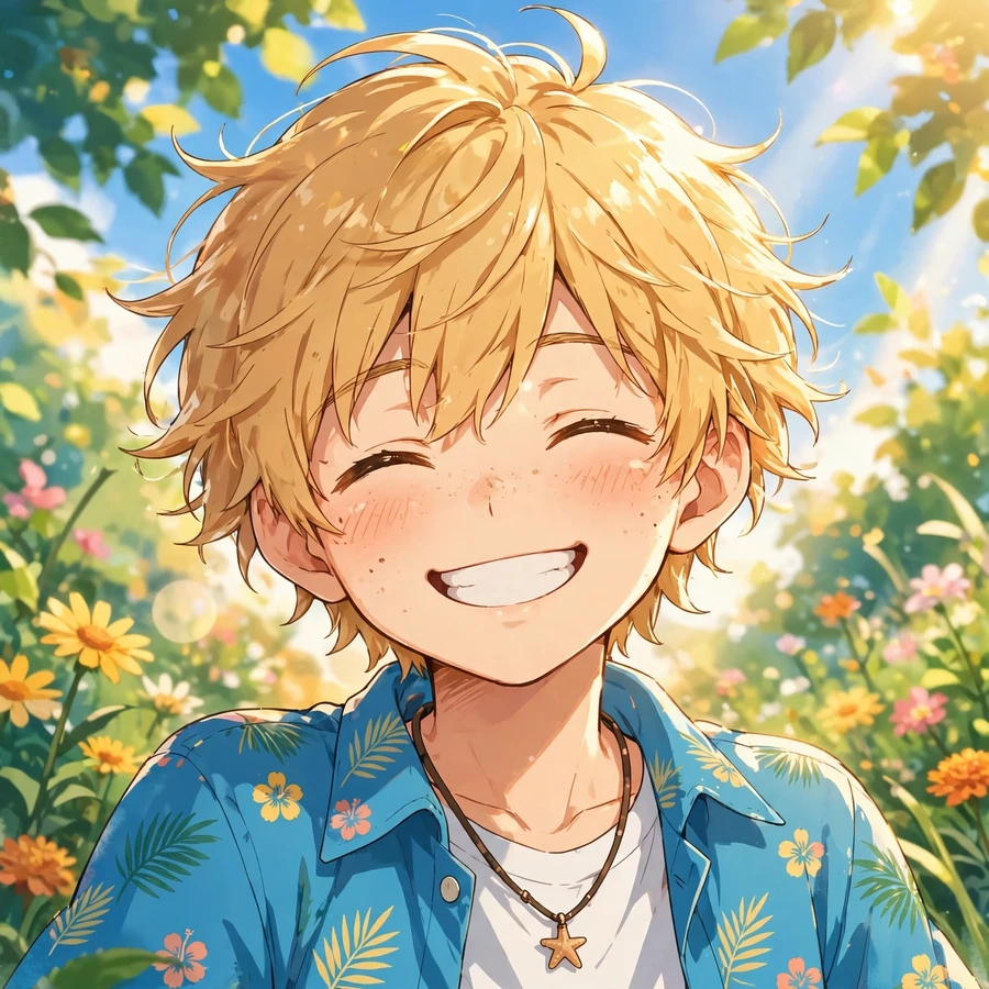 Happy anime boy pfp: grinning boy with closed eyes in bright sunshine
