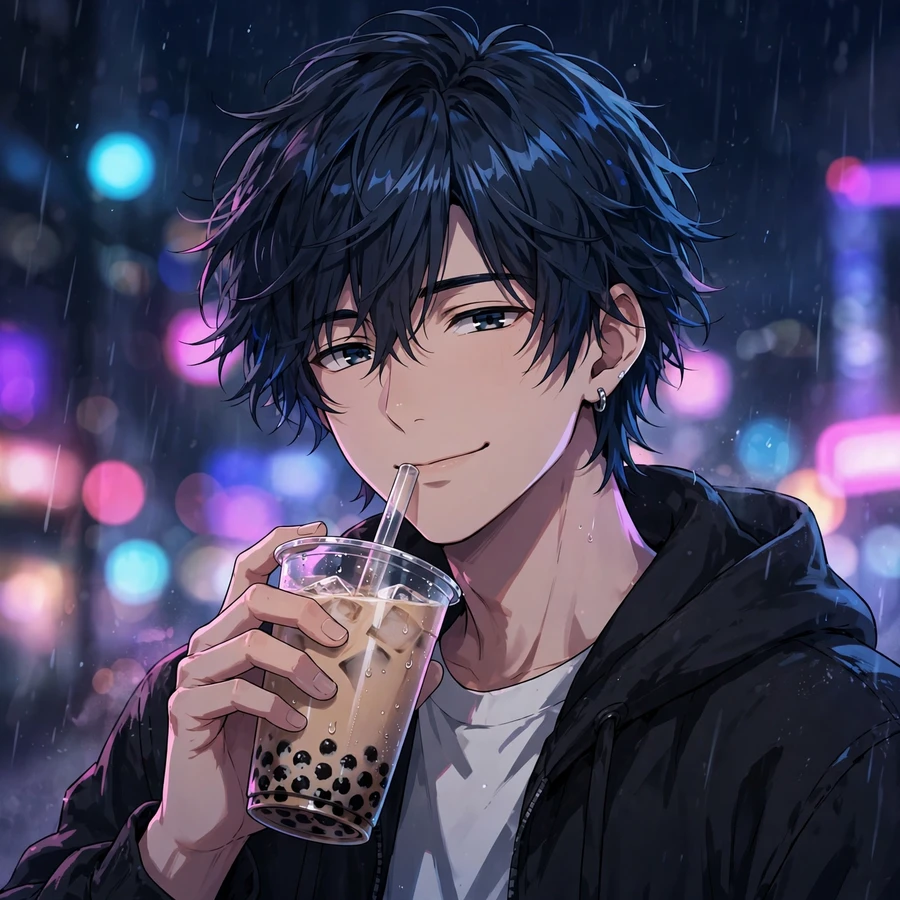 Chill anime pfp boy: laid-back boy drinking boba under neon city lights