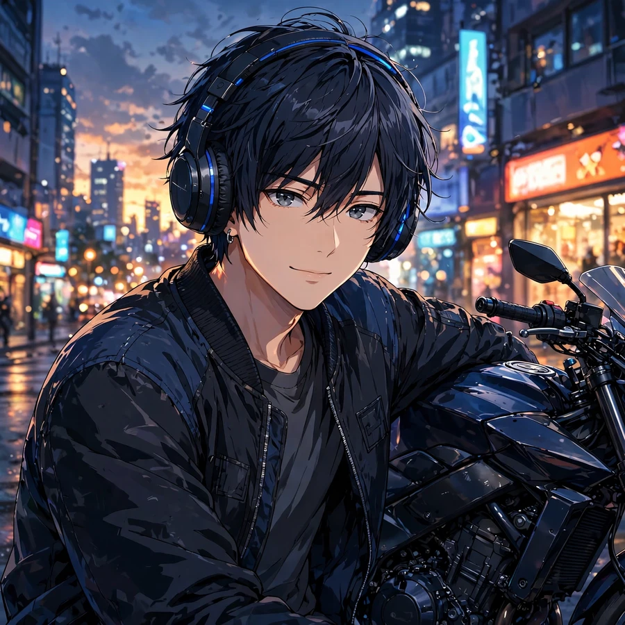 Cool boy anime pfp: calm boy with headphones leaning on a motorcycle