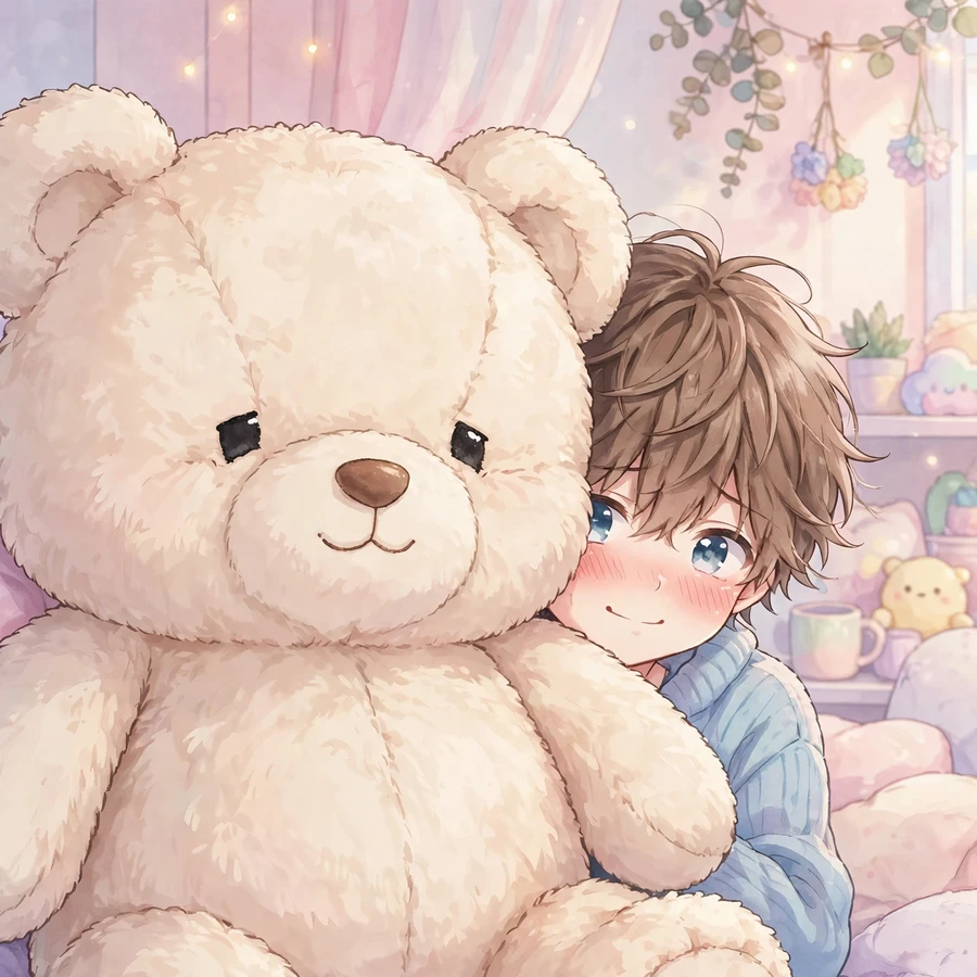 Cute anime pfp boy: shy blushing boy peeking from behind a giant plushie