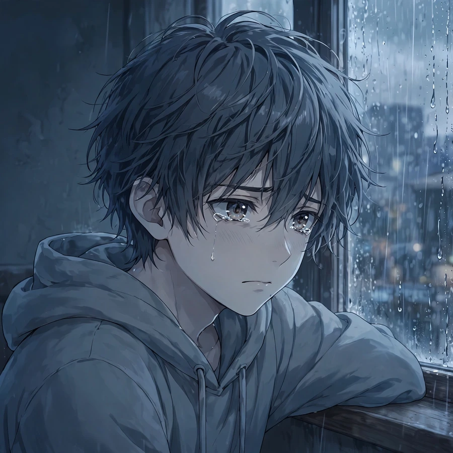 Sad anime boy pfp: lonely boy with tear-filled eyes by a rainy window