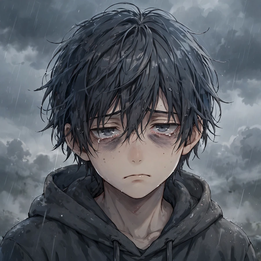 Sad pfp anime boy: tired boy with dark circles under a grey stormy sky