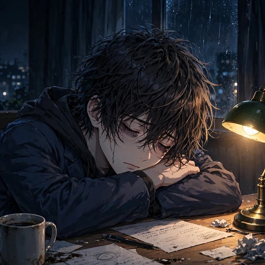 Tired anime boy pfp: exhausted boy resting his head on a desk at midnight