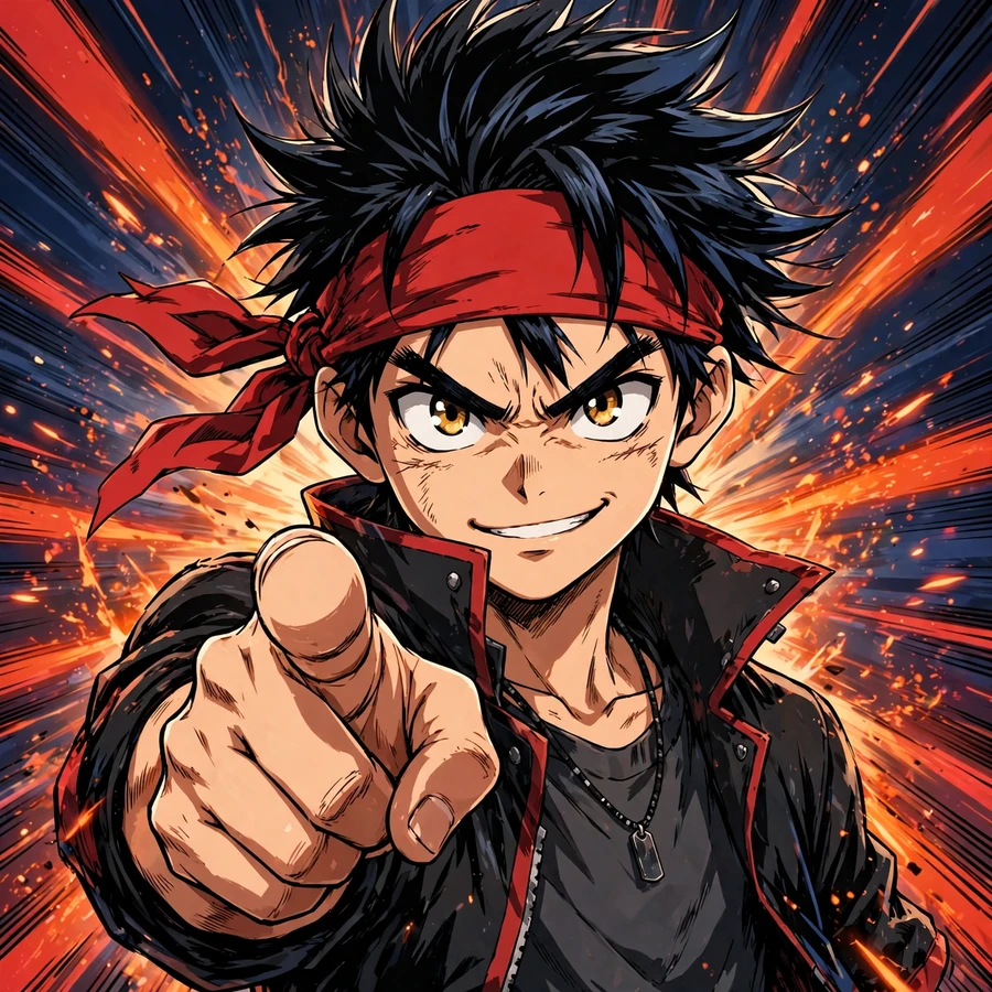 Anime boy pfo search pick: confident pfp boy anime with bandana pointing at the viewer