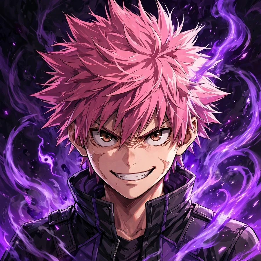Yuji pfp idea: original anime fighter boy with spiky pink hair and cursed energy aura