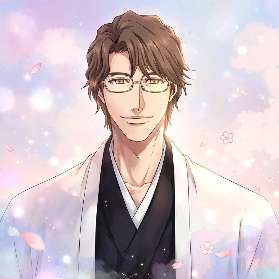 Aesthetic aizen pfp: original Aizen portrait in soft pastel gradients, dreamy light