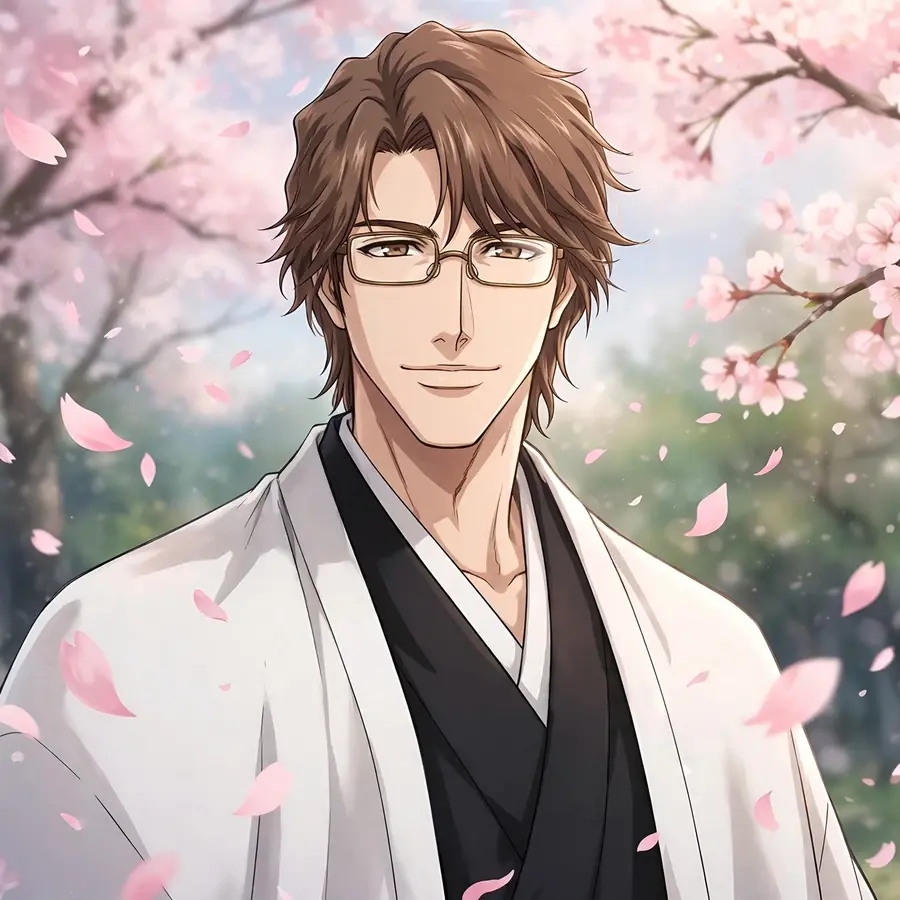 Aizen pfp aesthetic: original serene Aizen with falling cherry blossom petals