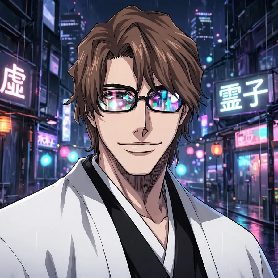 Aesthetic aizen pfp: original Aizen with neon city glow, night vibes