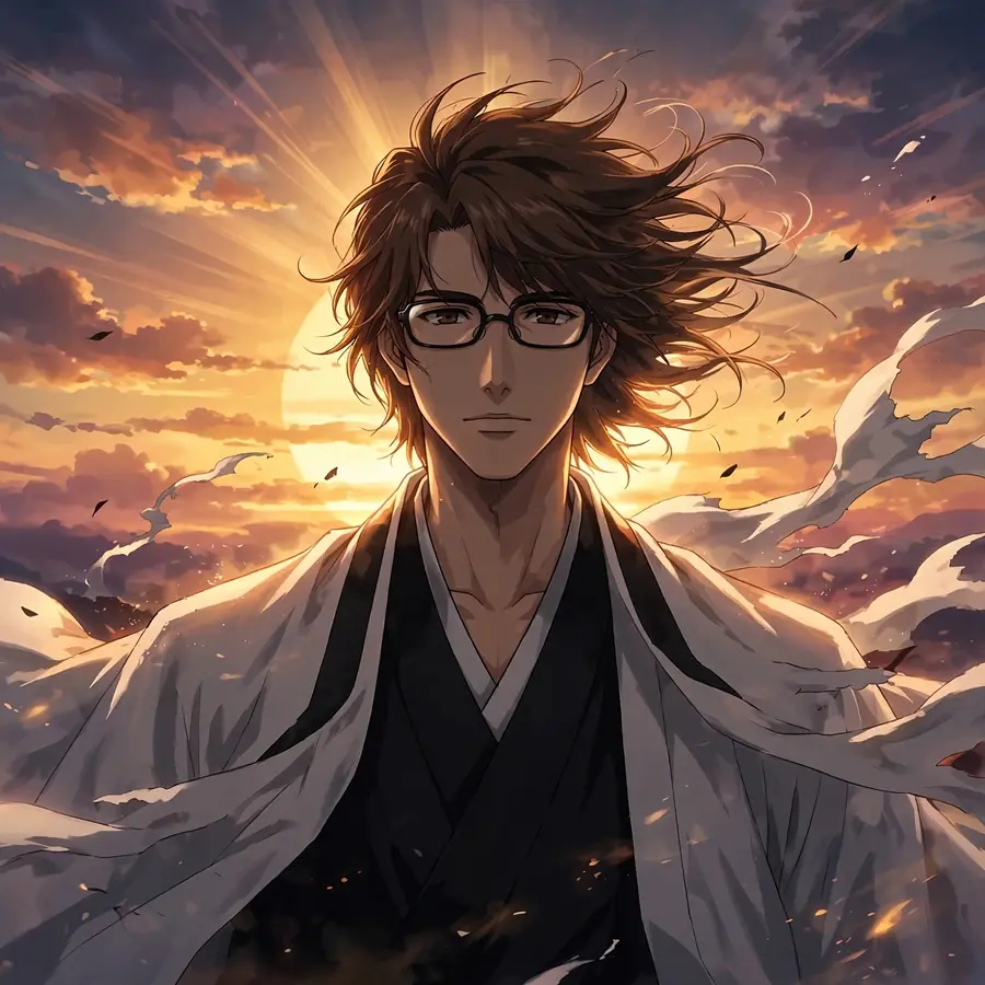 Aesthetic aizen pfp: original sunset silhouette, wind in hair, contemplative