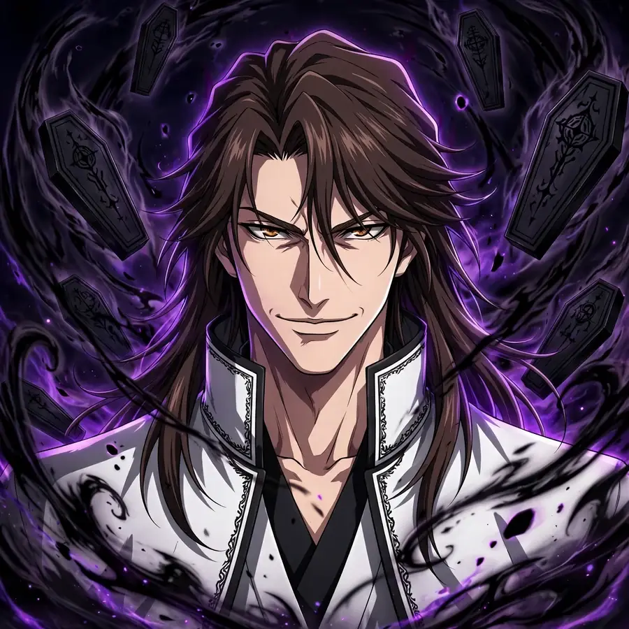 Battle aizen pfp: original Kurohitsugi black-coffin energy swirling around Aizen