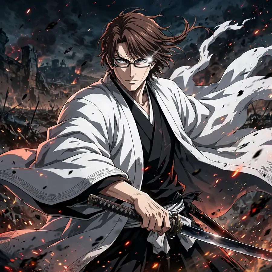 Aizen dp: original mid-battle stance, white coat flowing, intense eyes