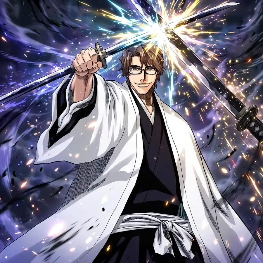 Aizen pfp: original sword-clash spark effects, confident grin