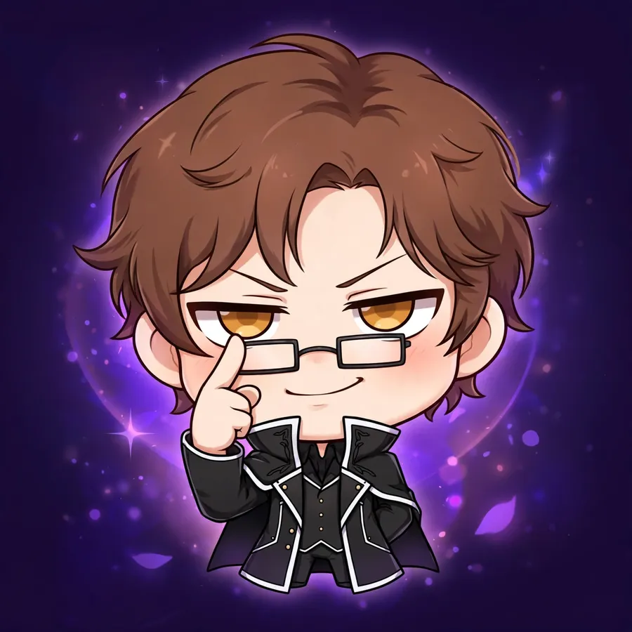 Chibi aizen pfp: original tiny Aizen pushing up glasses, smug cute grin