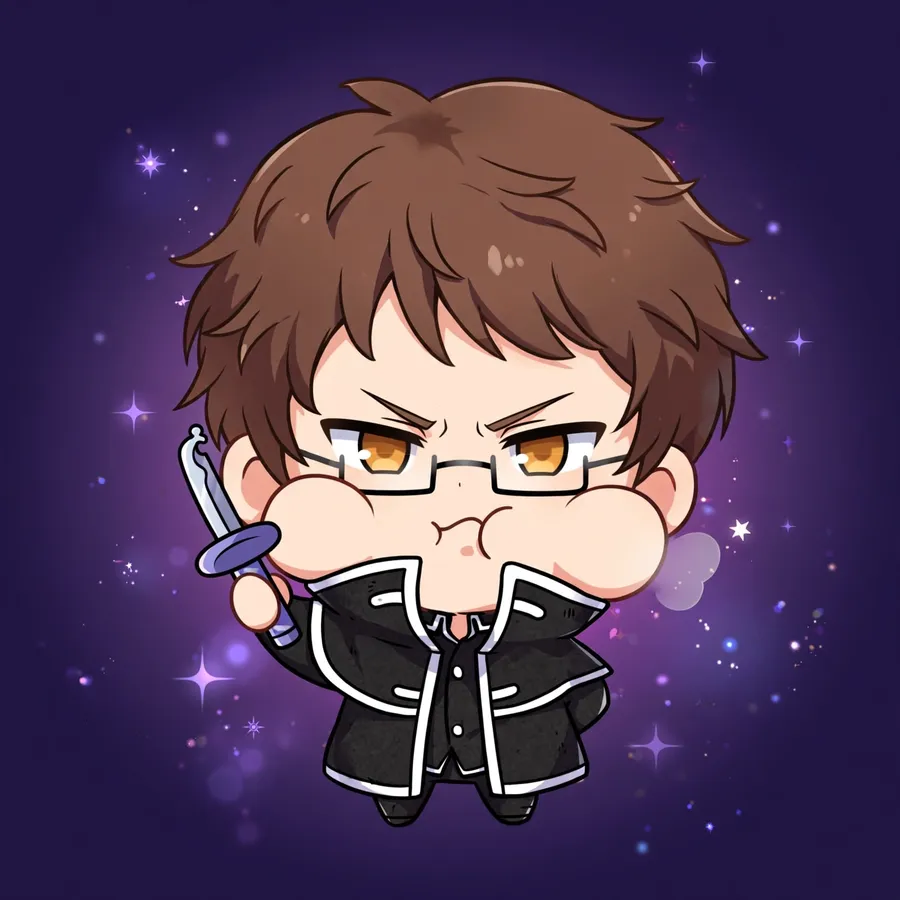 Chibi aizen pfp: original chibi holding tiny sword, determined pout