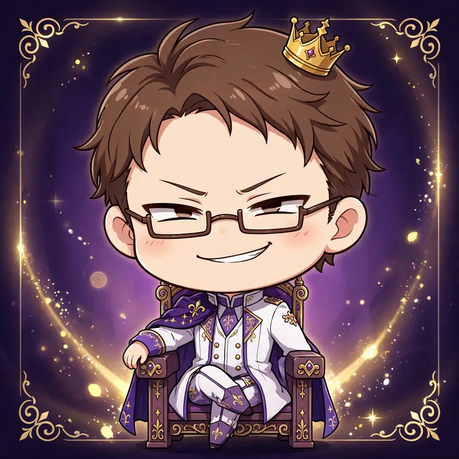 Chibi aizen pfp: original chibi sitting on throne, tiny crown, smug