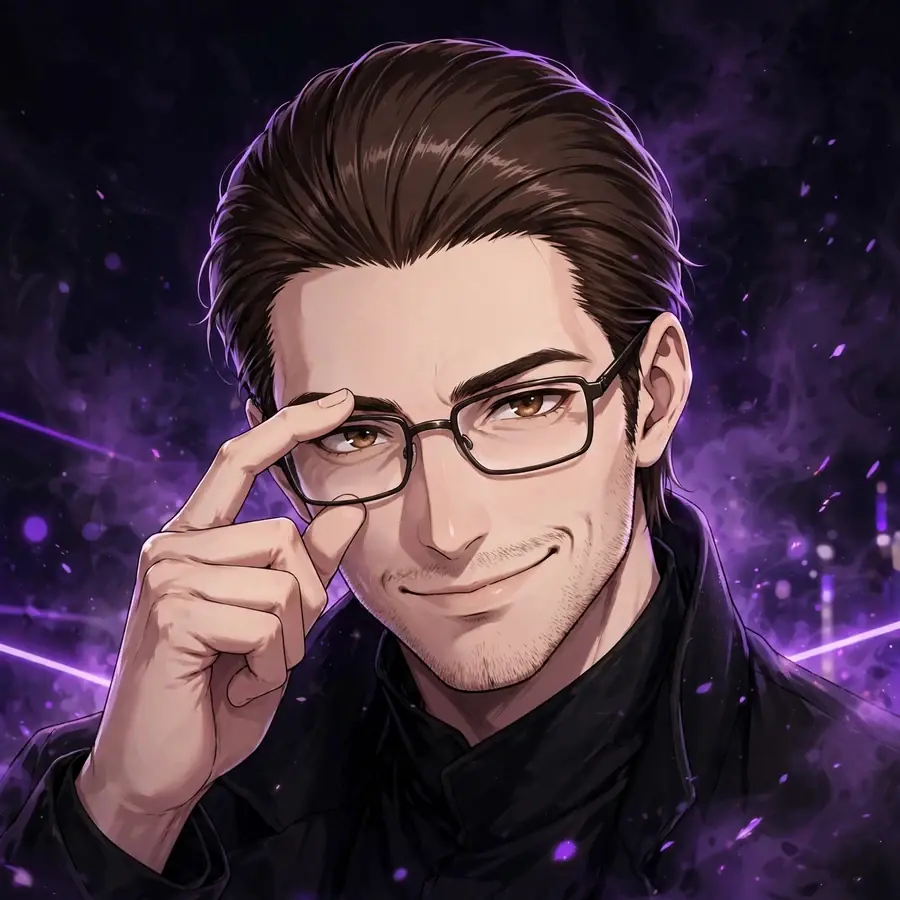 Sosuke aizen pfp: original Aizen adjusting glasses with a sly smile, dark background