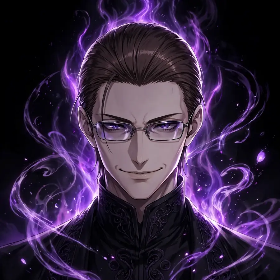 Dark aizen pfp: original Aizen portrait with glowing purple reiatsu aura, sinister smile