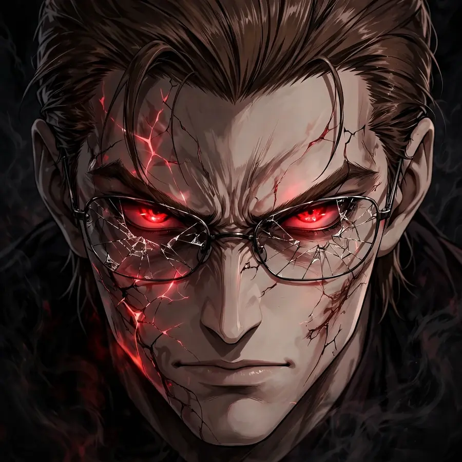 Dark aizen pfp: original close-up with cracked glasses, red eye glow