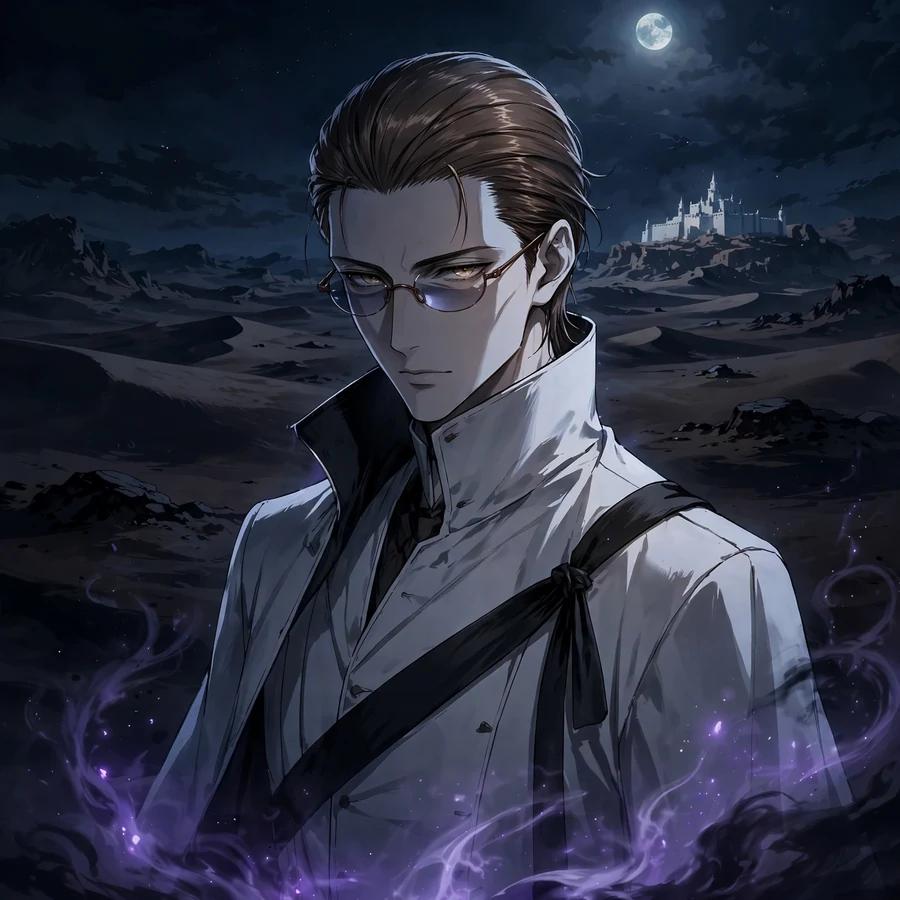 Aizen dp: original Aizen standing in Hueco Mundo shadows, white Espada coat