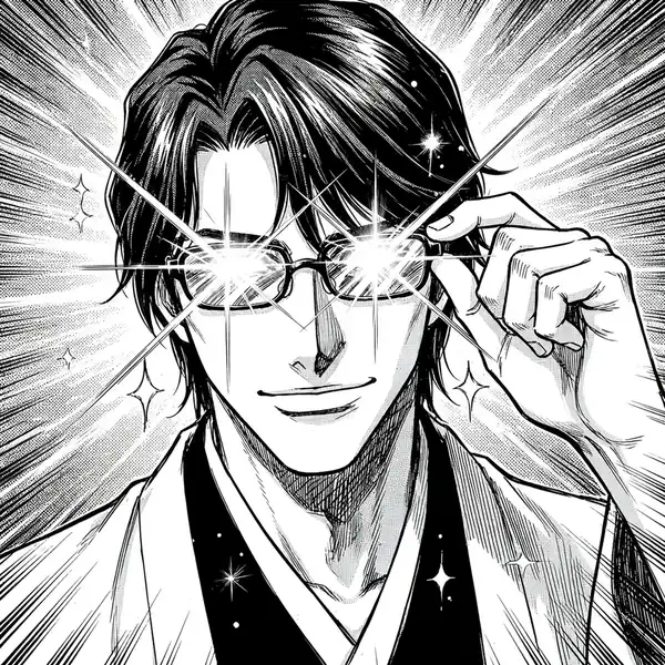 Aizen manga pfp: original adjusting-glasses panel style, shine effect lines