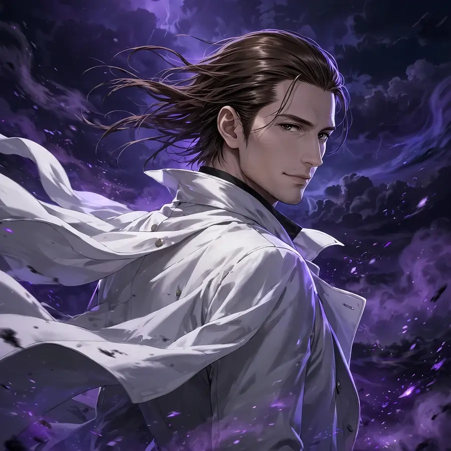 Aizen dp: original back view turning to face viewer, white coat dramatic