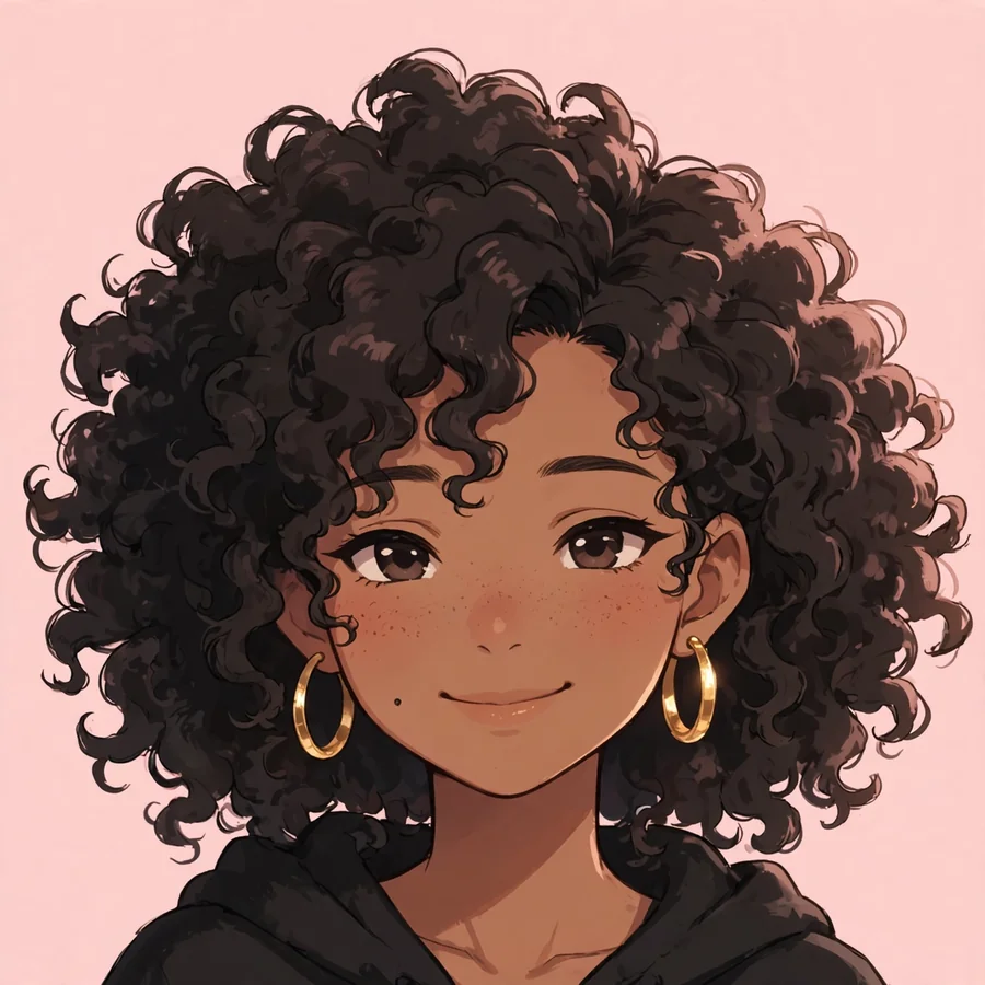 Black girl pfp: pretty anime-style Black girl with curly hair and gold hoop earrings