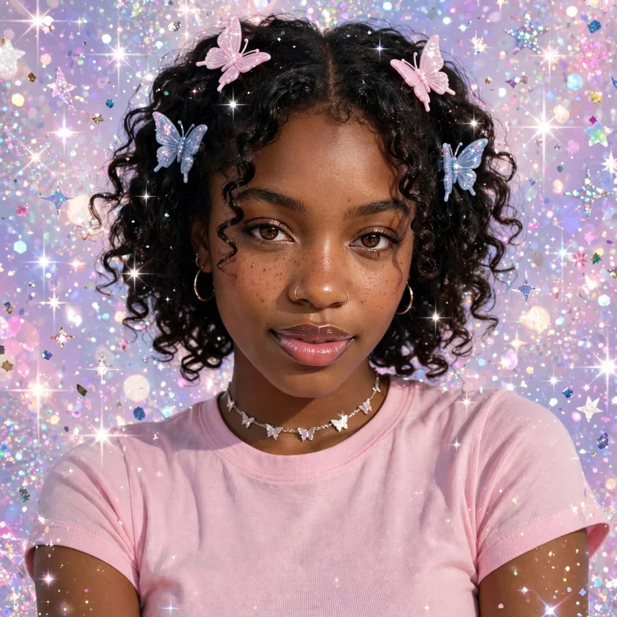 Y2k black girl pfp: stylish Black girl with butterfly clips and glossy lips