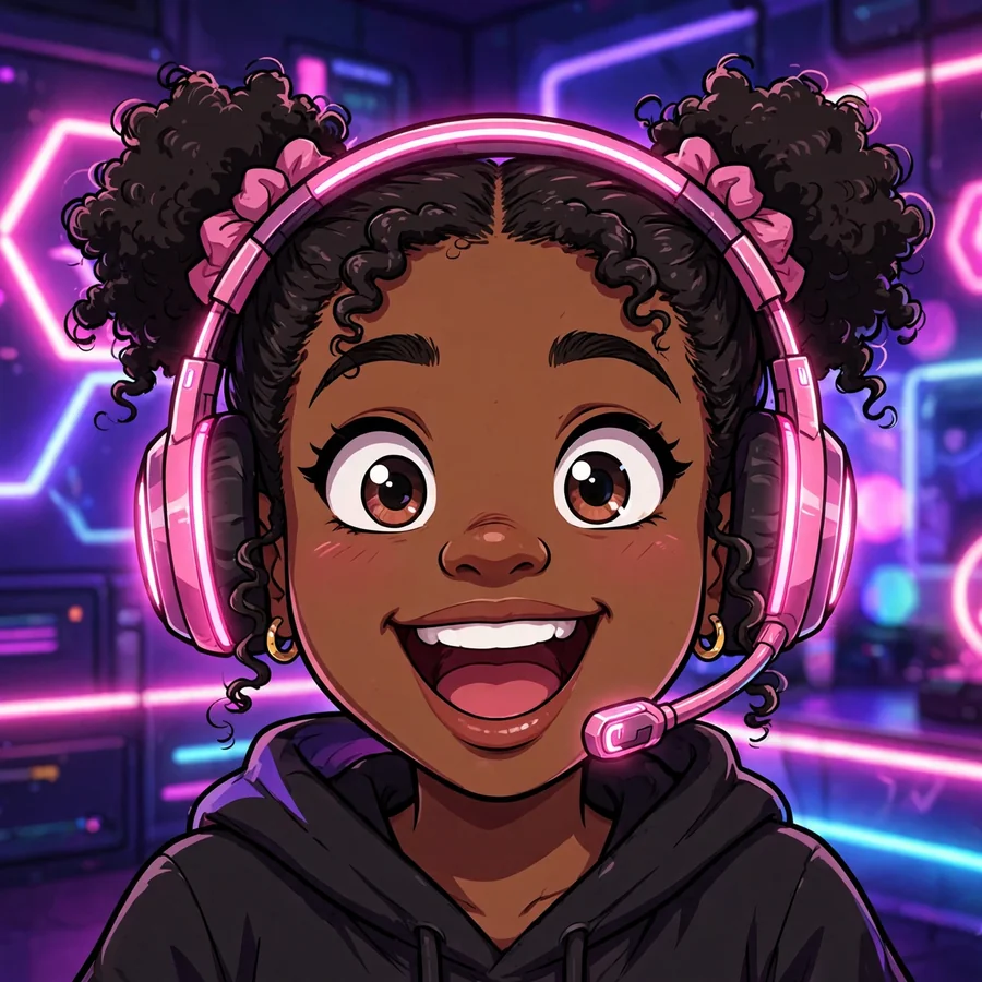 Black girl pfp irl style: cartoon Black girl gamer with a glowing pink headset