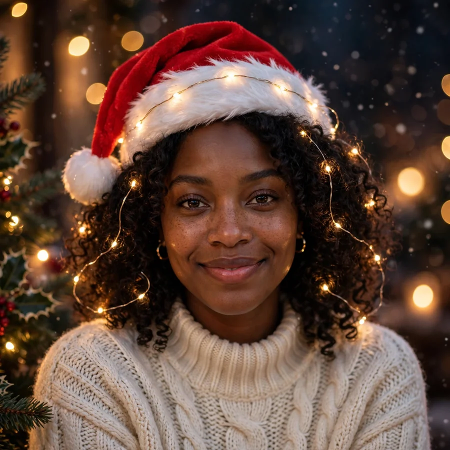 Black girl christmas pfp: festive Black girl with a santa hat and fairy lights