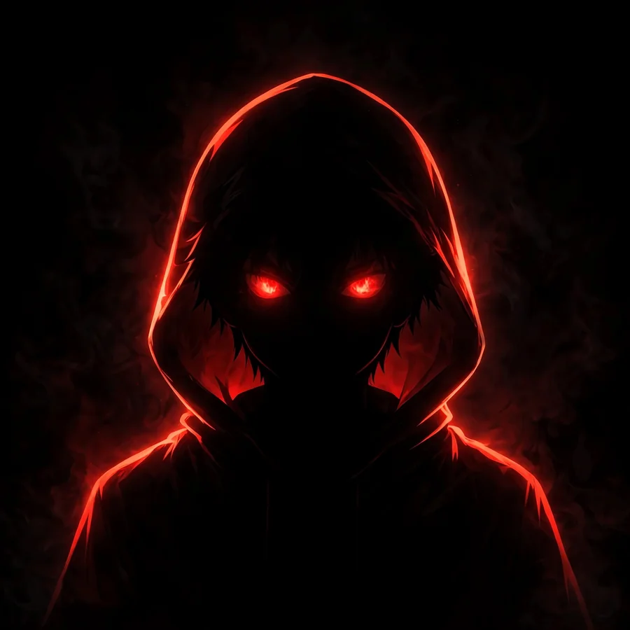 Black pfp of a mysterious anime boy silhouette with glowing red eyes on a pure black background