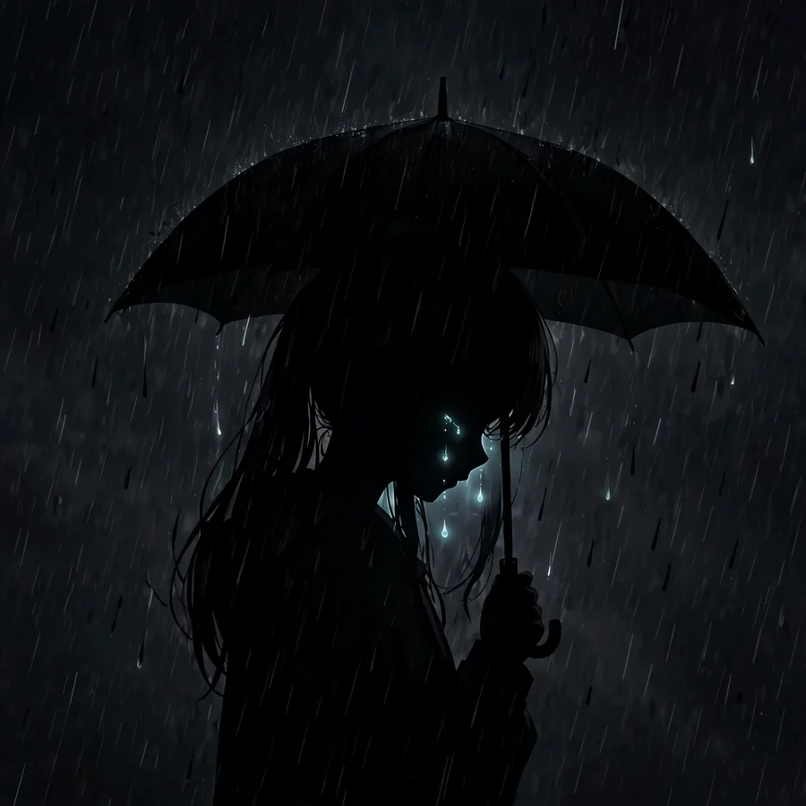 Sad black pfp: moody anime girl silhouette with a black umbrella in the rain