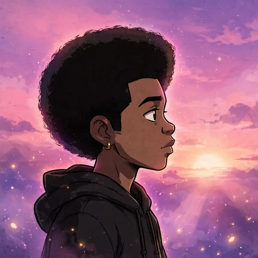 Aesthetic boondocks pfp: original boy with afro silhouette against pink purple sunset gradient