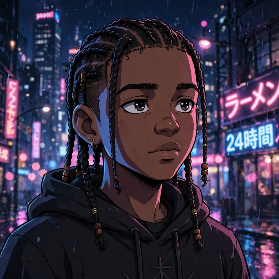 Boondocks aesthetic pfp: original boy with braids in neon-lit city at night, pink blue glow