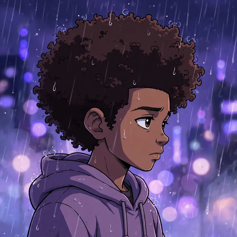 Aesthetic boondocks pfp: original contemplative boy with afro in the rain, city lights bokeh