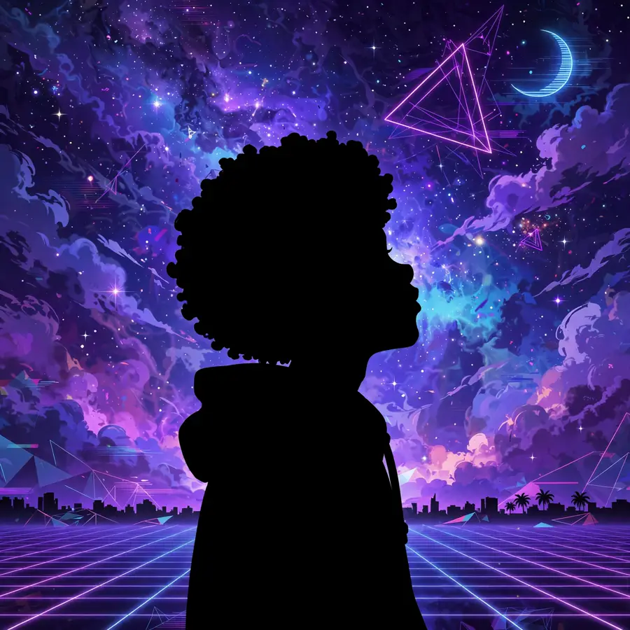 Aesthetic boondocks pfp: original silhouette of boy with afro under starry night sky, vaporwave