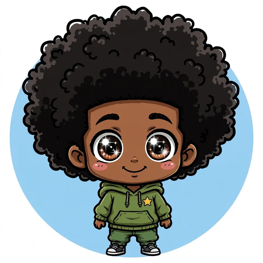 Chibi boondocks pfp: original super cute tiny boy with big afro and oversized head, kawaii