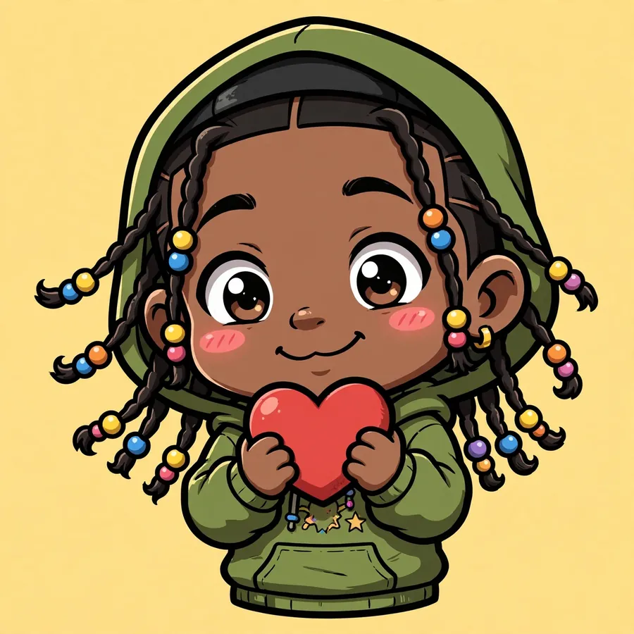 Chibi boondocks pfps: original adorable mini boy with braids and beads holding a heart