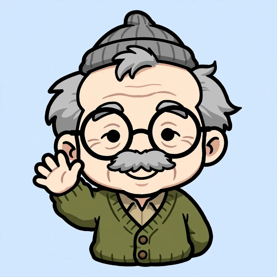 Chibi boondocks pfp: original tiny chibi grandpa with glasses and mustache waving hello