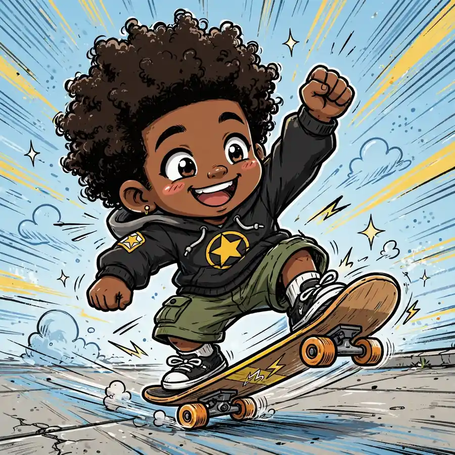 Chibi boondocks pfp: original mini chibi boy with afro riding a skateboard, joyful