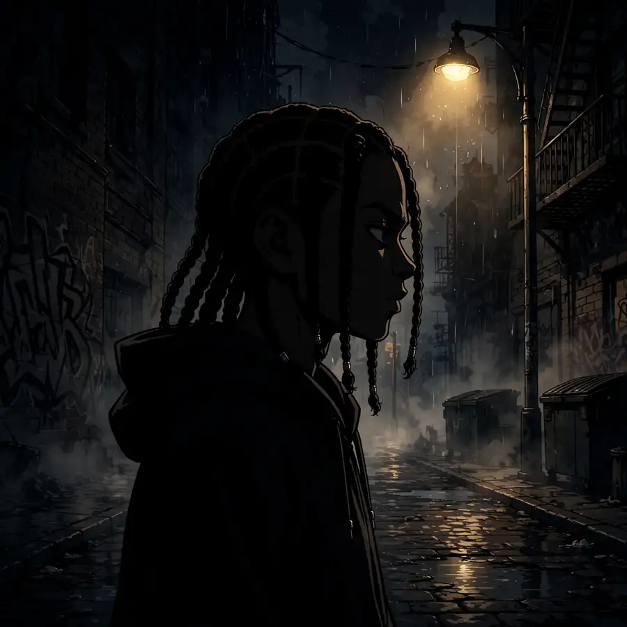 Dark boondocks pfps: original silhouette of boy with braids in dark alley, film noir mood