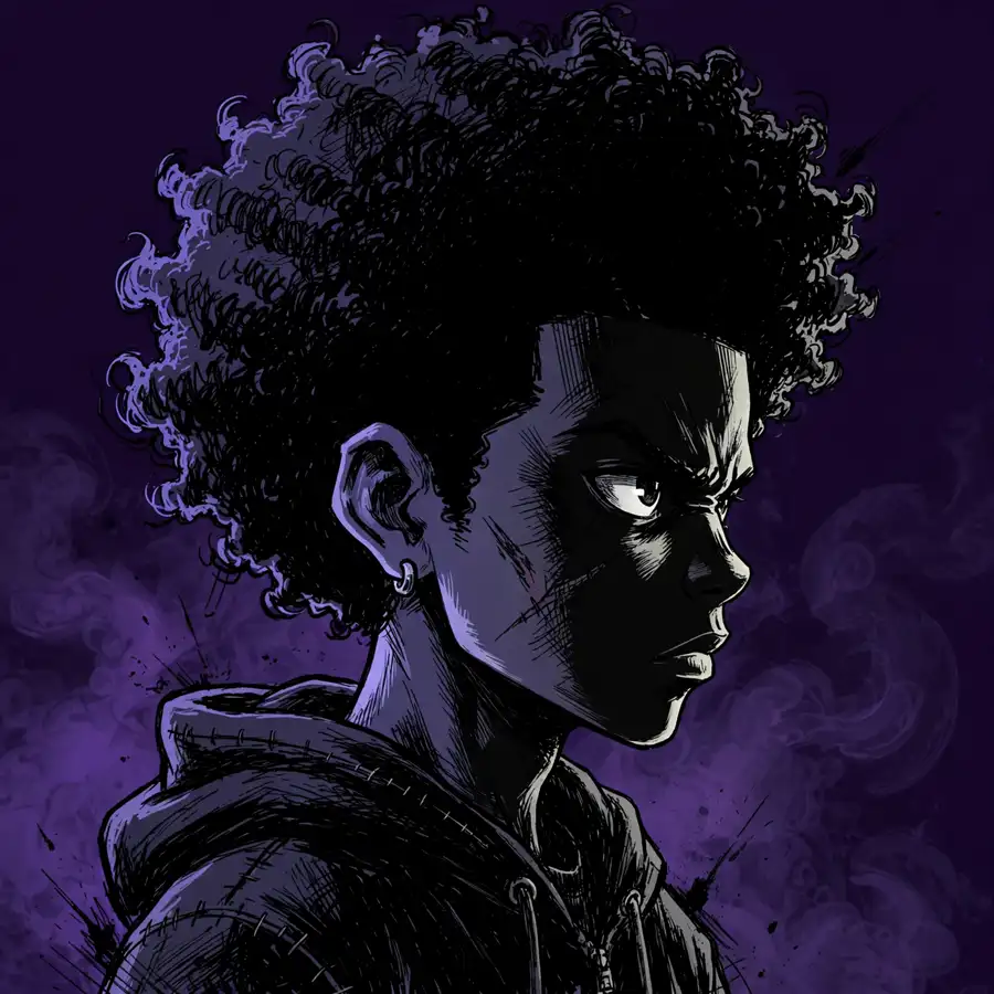 Dark boondocks pfp: original intense boy with afro, half face in shadow, dramatic lighting