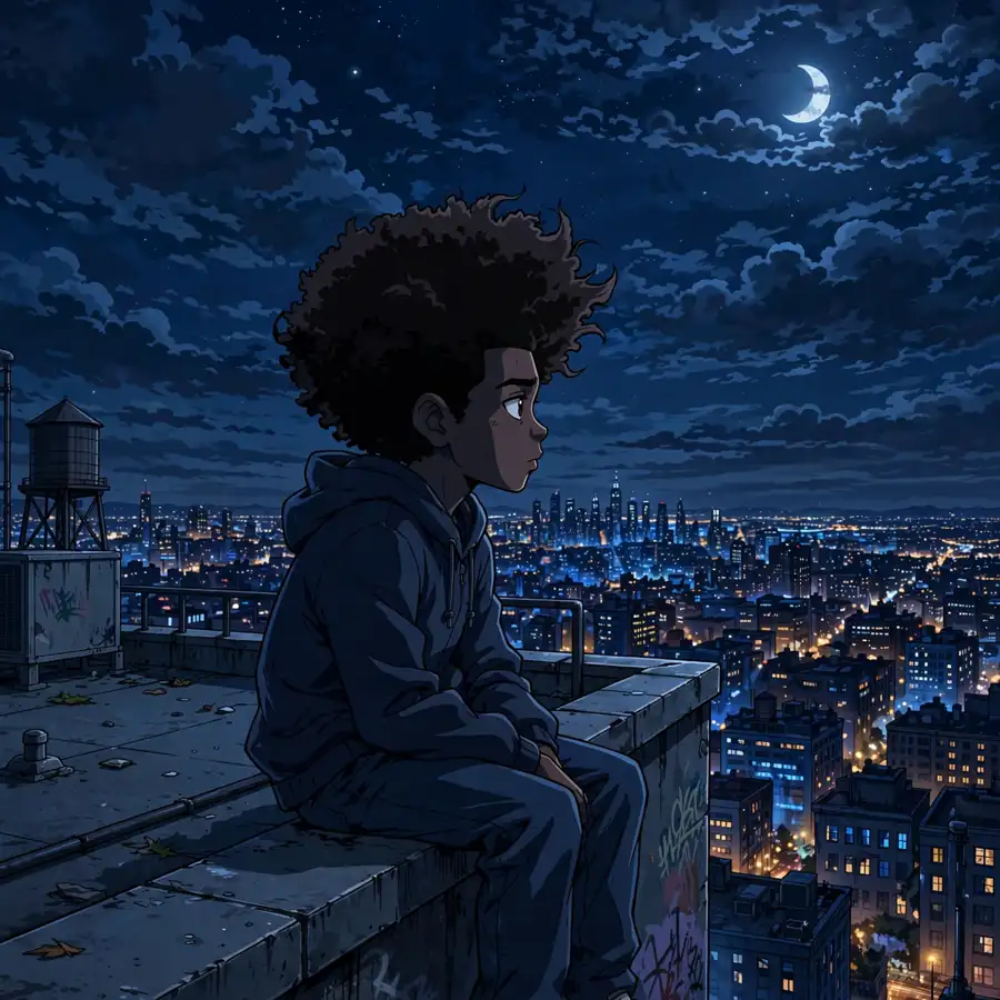 Dark boondocks pfp: original lone boy with afro on rooftop at midnight, moonlit city