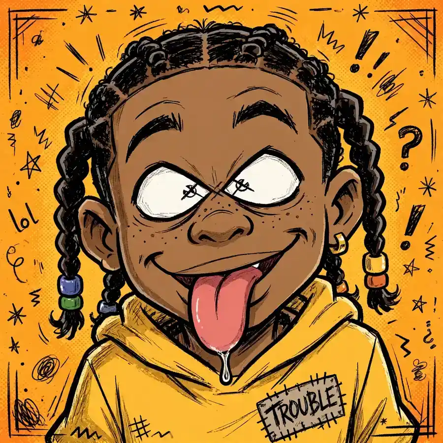 Funny boondocks pfps: original mischievous cartoon kid with braids making a silly goofy face