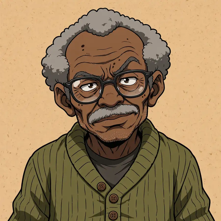 Granddad pfp: original elderly cartoon man with gray mustache and glasses, grumpy funny face