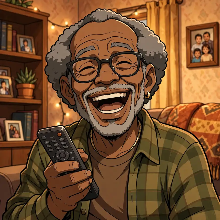 Boondocks pfp: original old grandfather with glasses laughing heartily holding remote