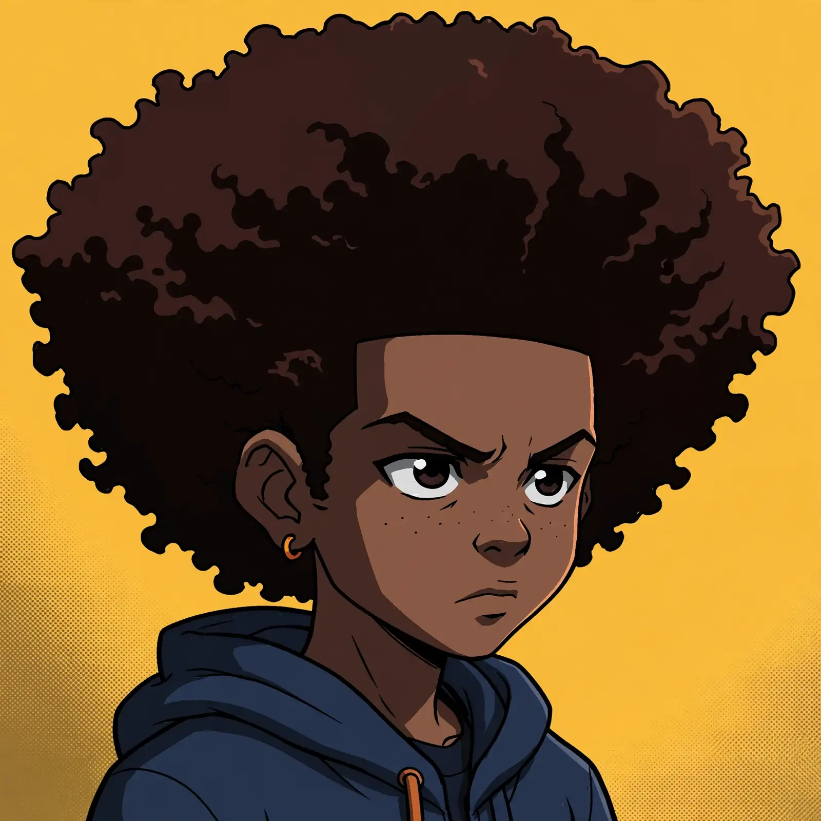 Huey Freeman pfp: original serious young cartoon boy with large afro portrait