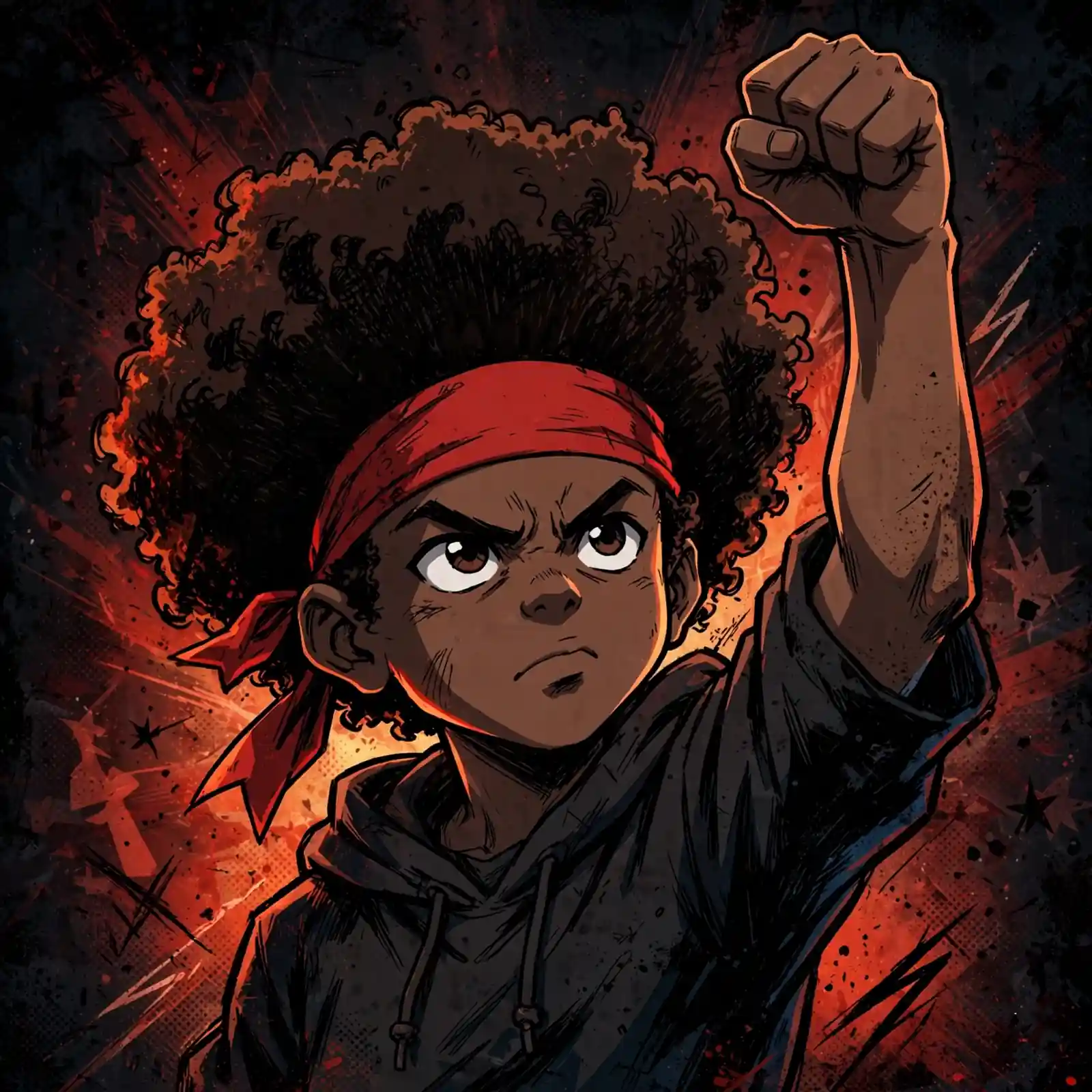 Boondocks pfp: original young revolutionary with afro and red headband, fist raised