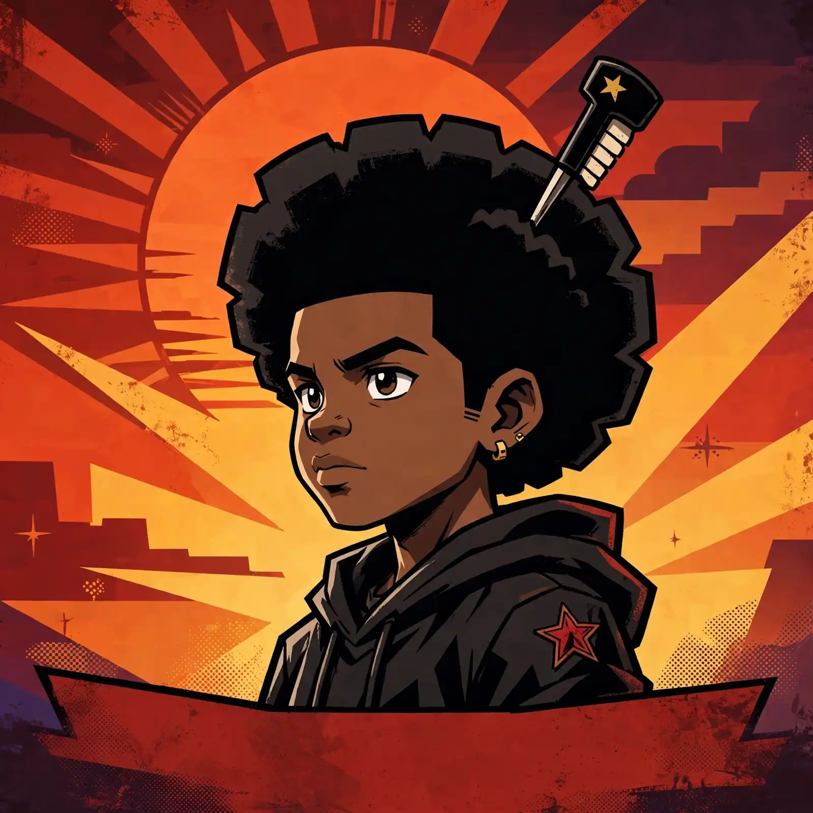 Huey Freeman pfp: original boy with afro silhouette at sunset, revolutionary poster style