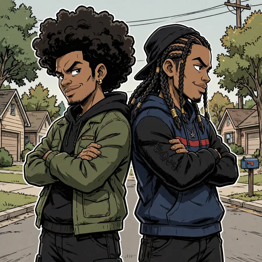 Iconic boondocks pfps: original two cartoon brothers back to back, one with afro one with braids