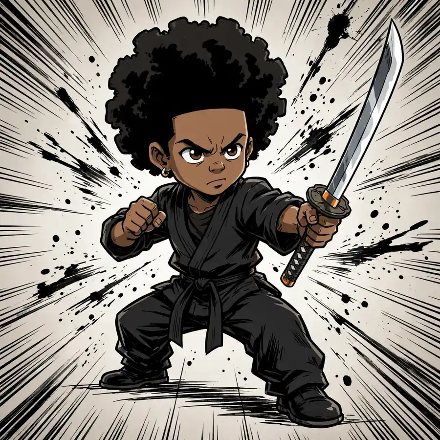 Boondocks pfp: original boy with afro in kung-fu martial arts stance with samurai sword